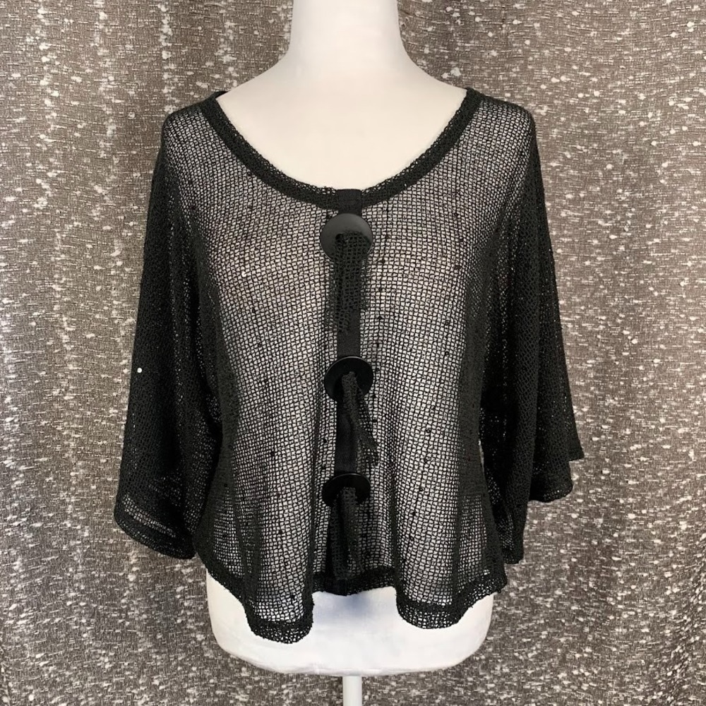 Noelle Black Open Knit Mesh Overlay Top Boho Flowy Statement Button Women's OS